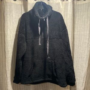 Black Sherpa quarter zip / turtleneck sweater with front pocket